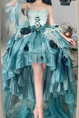 Amber Green [Swan Wonderland] Embroidery Bowknot Lace-Up Short Front Long Back Irregular Sweet Ballet Lolita Jsk Dress - Green - 1