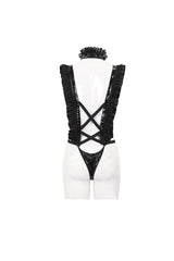 Black Stretch Patent Leather Cutout Lace Ruffle Button Women's Gothic Bodysuit - Product - 8
