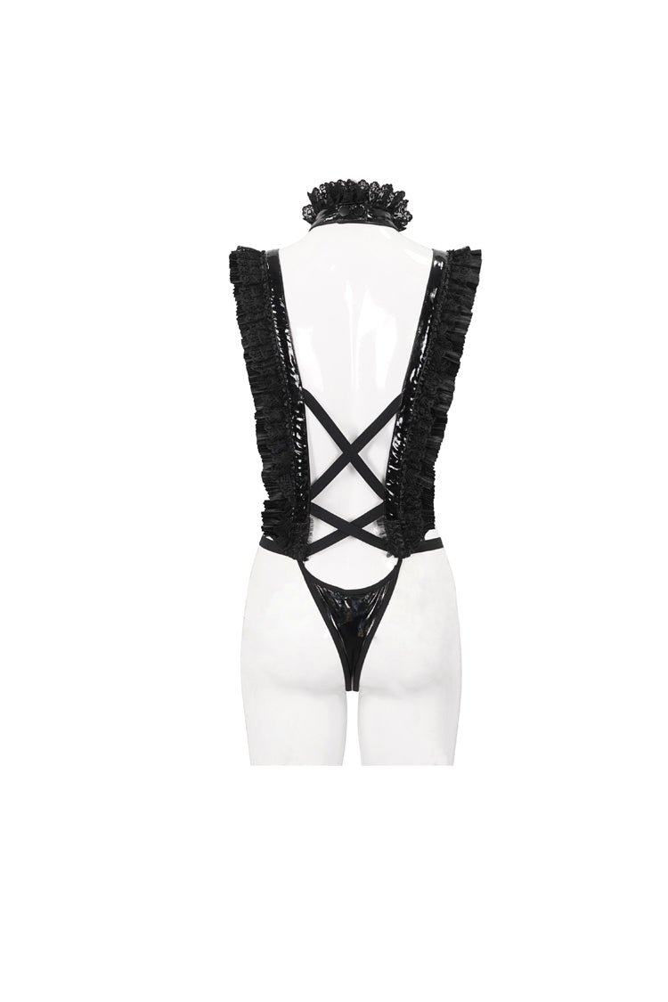 Black Stretch Patent Leather Cutout Lace Ruffle Button Women's Gothic Bodysuit - Product - 8