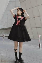 Black Voyage To Atlantis Navy Style Short Sleeves Ruffle Gothic Lolita Dress - Product - 3