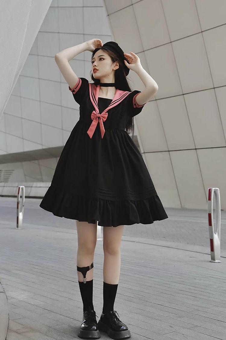 Black Voyage To Atlantis Navy Style Short Sleeves Ruffle Gothic Lolita Dress - Product - 3