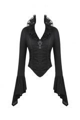 Black Lace Ruffled V Stand Collar Long Flared Sleeves Jacquard Women's Gothic Blouse - Product - 3