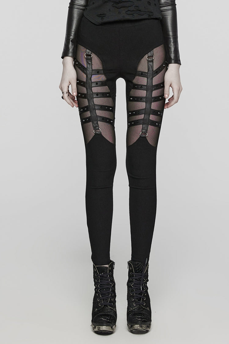 Black Hollow Lace-Up Mesh Metal Rivets Women's Steampunk Leggings - Black - 1