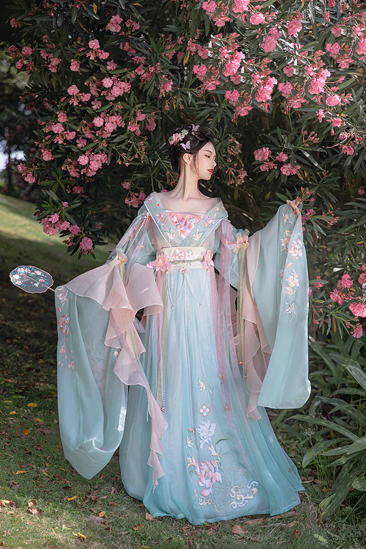 Gorgeous Embroidery With Pearl Accessories Women's Sweet Hanfu Dress Full Set 3 Colors - Product - 4