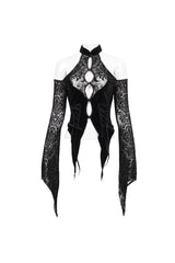 Black Pentagram Flocking Rope Rose Button Off-Shoulder Long Sleeve Women's Gothic T-Shirt - Product - 7