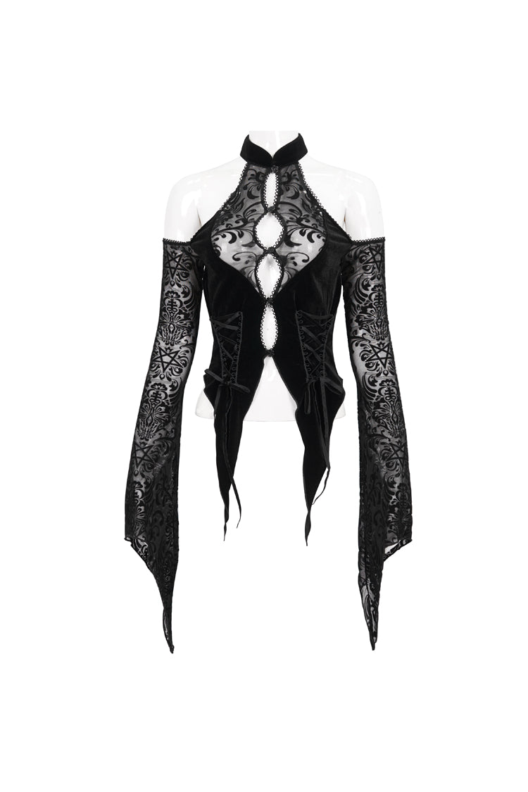 Black Pentagram Flocking Rope Rose Button Off-Shoulder Long Sleeve Women's Gothic T-Shirt - Product - 7
