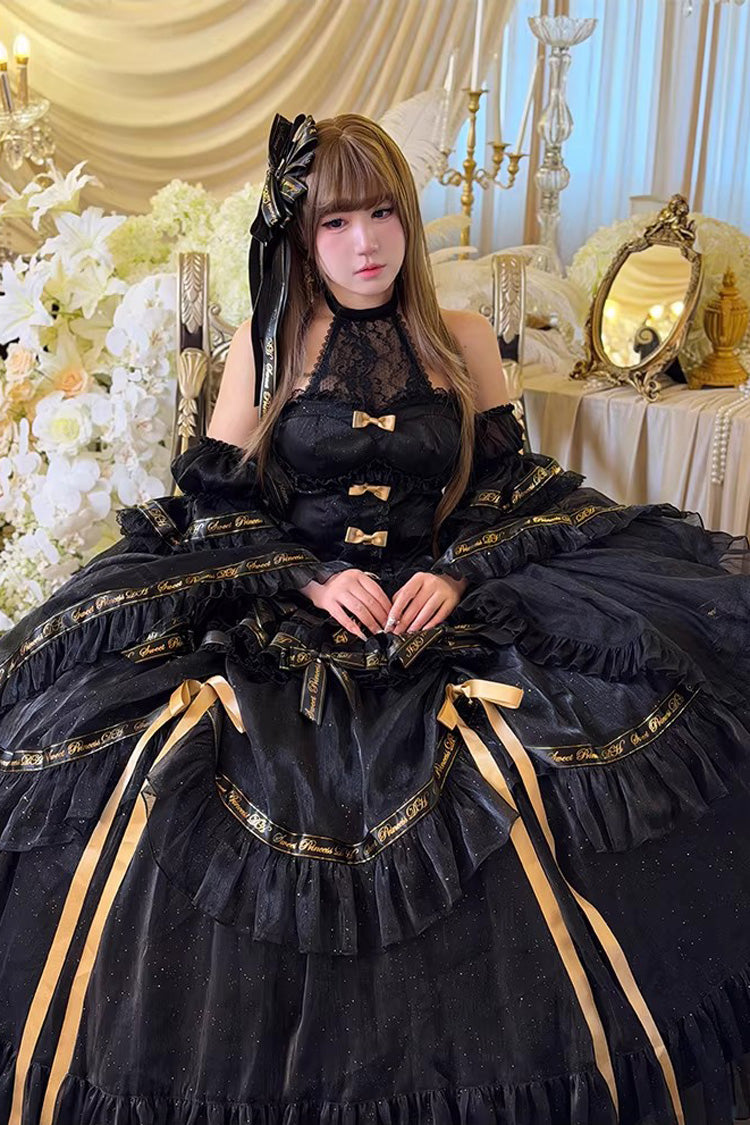 Black [Obsidian Banquet] Double-Layered Ruffled Hanayome Bow Lace Sweet Gothic Princess Lolita Jsk Dress - Product - 6