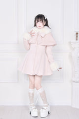 Pink Plush Collar Long Sleeves Bowknot Japanese Sweet Lolita Coat - Product - 10