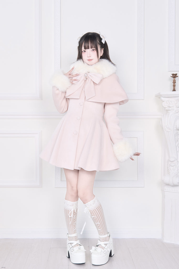 Pink Plush Collar Long Sleeves Bowknot Japanese Sweet Lolita Coat - Product - 10