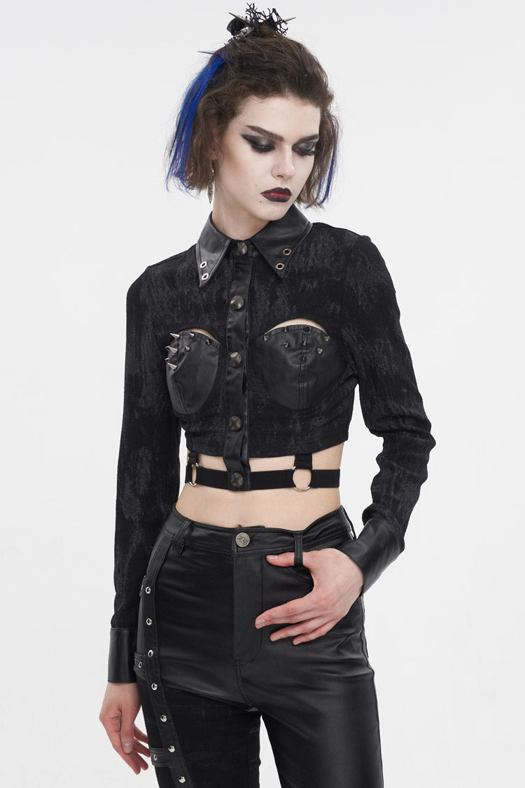 Black Turn Down Collar Cutout Long Sleeves Studded Women's Punk Shirt - Product - 2