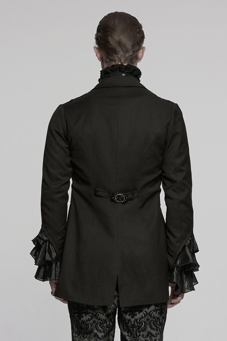 Black Lapel Collar Long Sleeves Frog Jacquard Embroidery Men's Gothic Coat - Product - 3