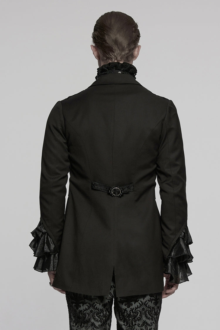 Black Lapel Collar Long Sleeves Frog Jacquard Embroidery Men's Gothic Coat - Product - 3