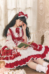 Red/White [Tina's Gift] Sleeveless Multi-Layered Ruffle Cardigan Bowknot Lace Sweet Lolita Jsk Dress - Product - 5