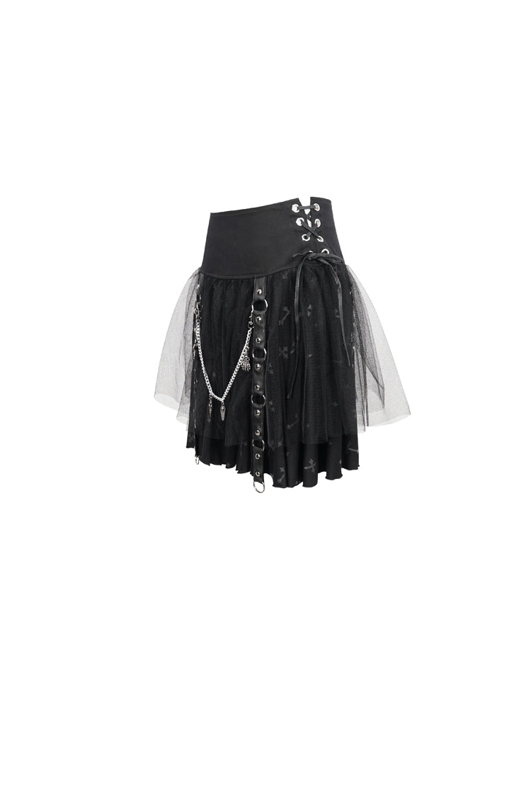 Black Cross Print Side Waist Straps Detachable Metal Chain Women's Punk Skirt - Product - 7