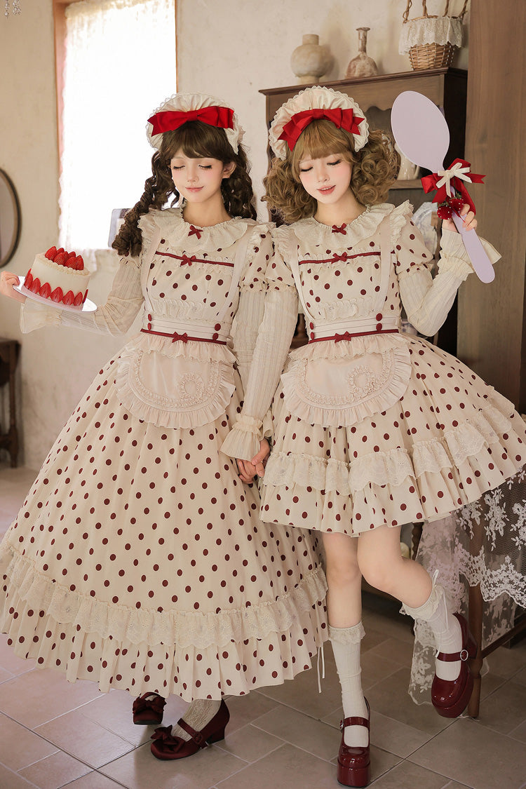 Apricot [Lollipop] Cotton Round Collar Long Lantern Sleeves Polka Dot Printed Ruffled Bow Lace Sweet Elegant Lolita Dress 2 Versions - Apricot(Short-Version) - 1