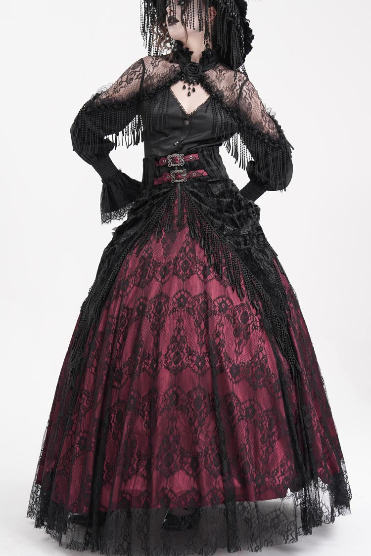 Wine Red Print Embroidery Tassels Buckle-up Lace-Up Women's Gothic Long Skirt - Wine Red - 1