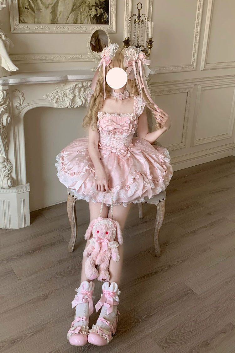 Pink [Sakura Bunny Ballad] Square Collar Flutter Sleeves Jacquard Ruffled Bow Lace Sweet Elegant Luxurious Short Lolita Jsk Dress - Product - 15