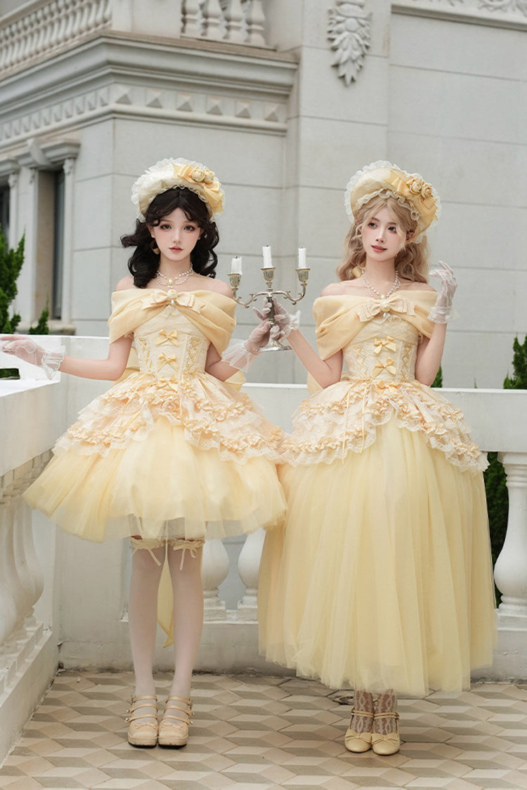 Yellow [Sissi's Pilgrimage] Off Shoulder Ruffle Bowknot Lace Sweet Lolita Skirt (Long Version) - Product - 14