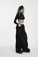 Black Patchwork Ripped Pleated Women's Punk Wide Leg Pants - Product - 5