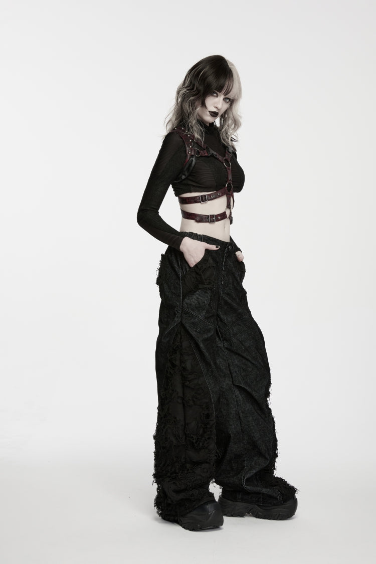 Black Patchwork Ripped Pleated Women's Punk Wide Leg Pants - Product - 5