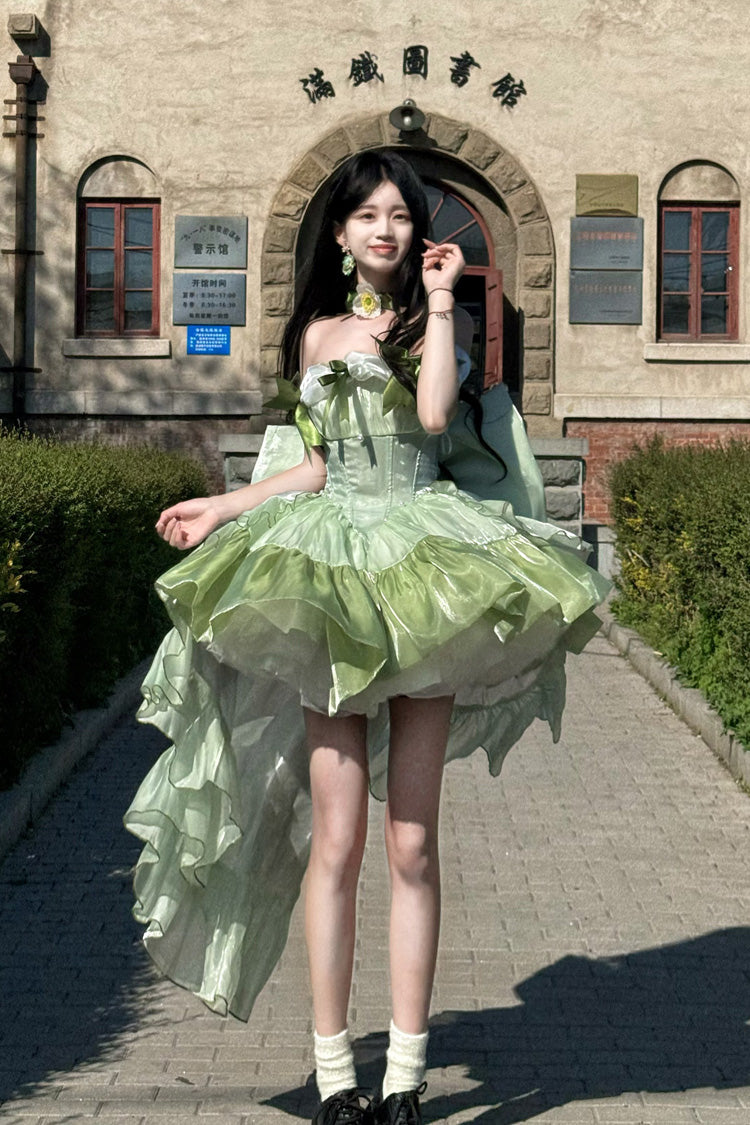 Green [Forest Princess] Off Shoulder Ruffled Bow Patchwork Sweet Lolita Dress - Product - 5