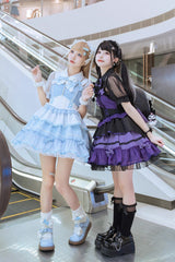 Blue/White [Cotton Cloud] Lapel Collar Ruffle Bowknot Lace-Up Sweet Lolita Jsk Dress - Product - 9