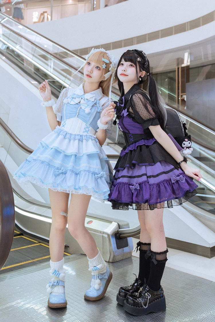 Black/Purple [Cotton Cloud] Lapel Collar Ruffle Bowknot Lace-Up Gothic Lolita Jsk Dress - Product - 10