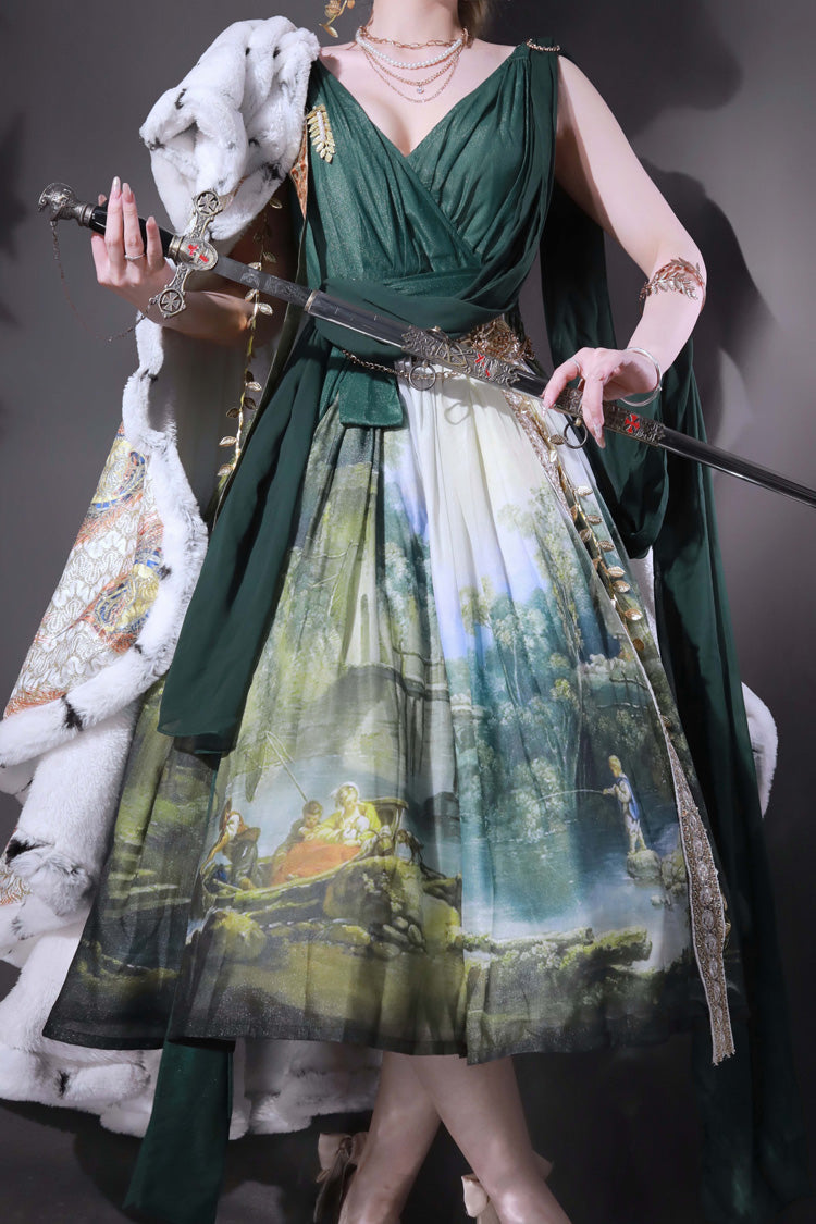 Green [Grace in Favor] V Collar Sleeveless Oil Painting Printed Sweet Lolita Jsk Dress - Product - 11
