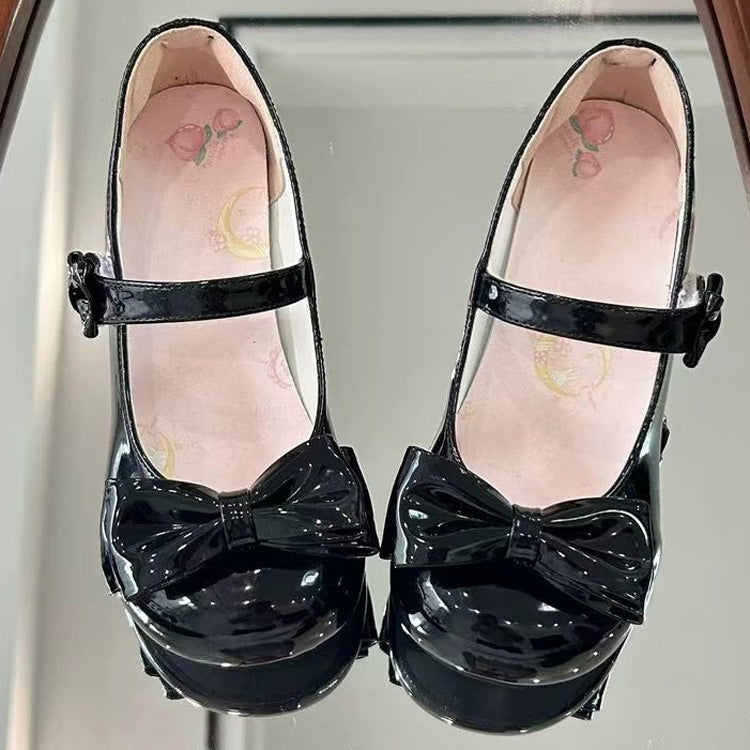 Round-Toe Bowknot Sweet Lolita Velcro Buckle Mary Jane Shoes 2 Heel Heights - Black(3cm) - 2