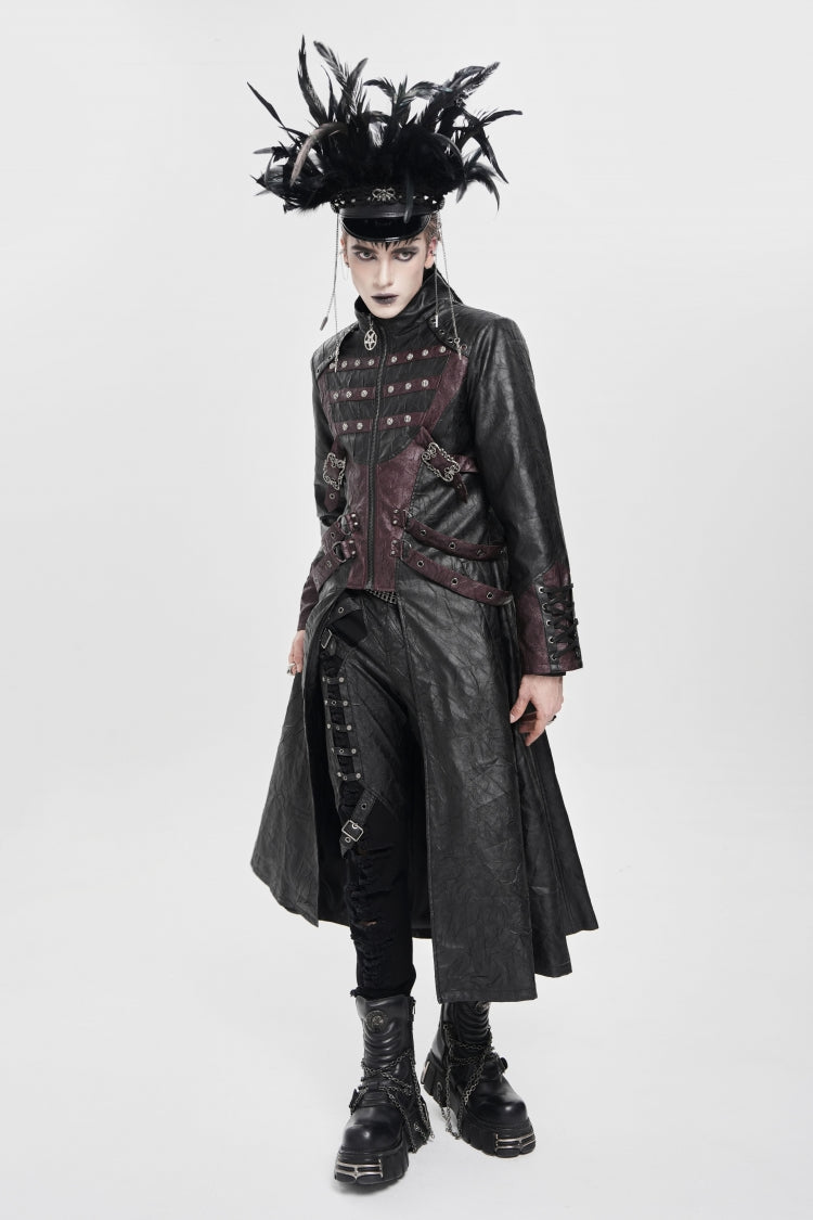Black/Red Stand Collar Zipper Straps Eyelet Men's Punk Coat - Product - 10