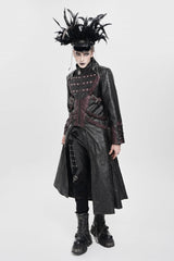 Black/Red Stand Collar Zipper Straps Eyelet Men's Punk Coat - Product - 10