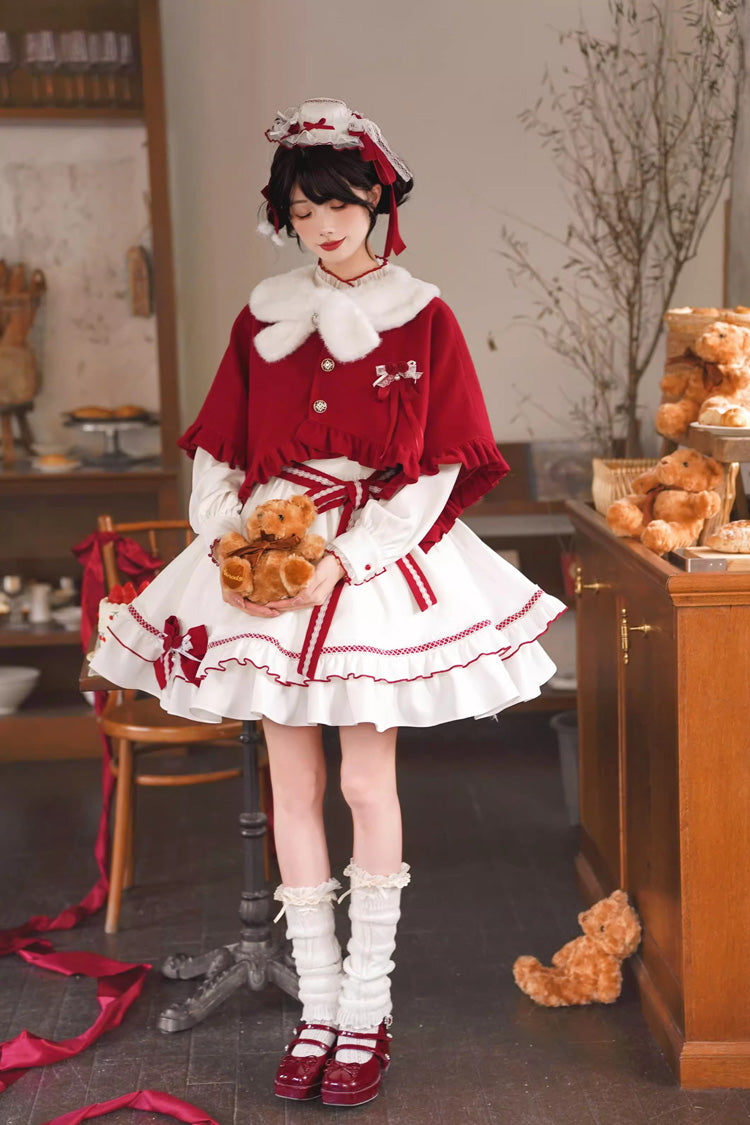 Red/White [Red Vow] Stand Collar Long Sleeves Multi-Layered Ruffled Bow Sweet Lolita Dress - Red/White - 1