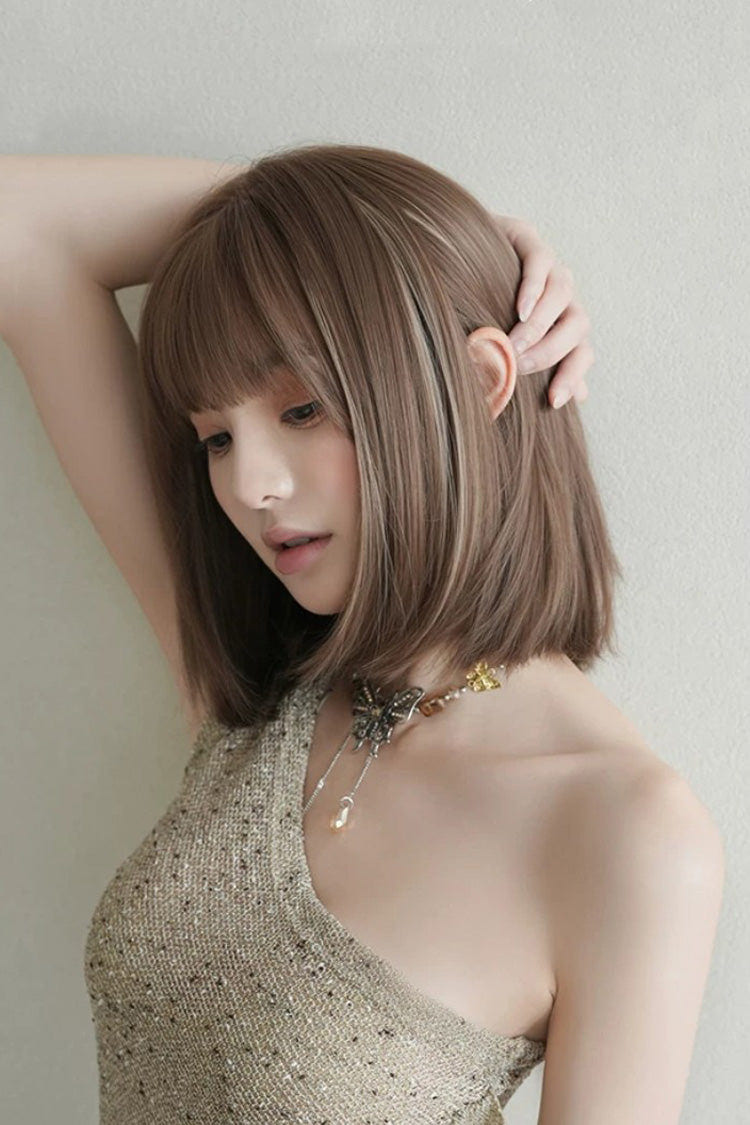 Brown/Beige Highlights Natural Fluffy Age-Reducing Clavicle Bob Sweet Lolita Wig - Product - 7