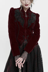 Red Stand Collar Velvet Applique On Chest Pendant Zipper Long Sleeve Women's Gothic Jacket - Red - 1