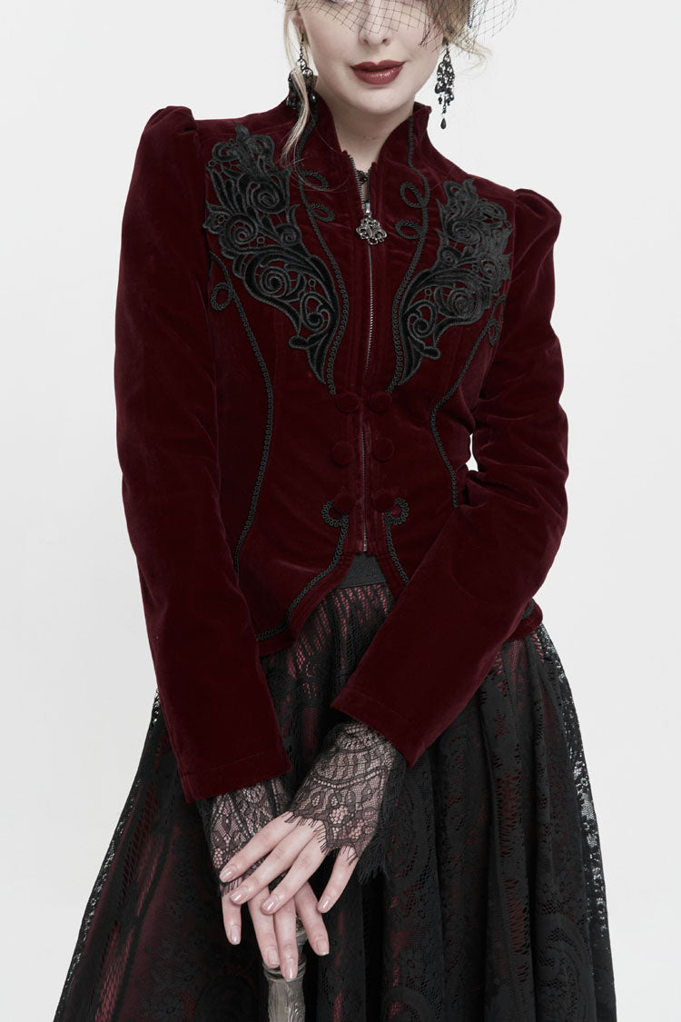 Red Stand Collar Velvet Applique On Chest Pendant Zipper Long Sleeve Women's Gothic Jacket - Red - 1