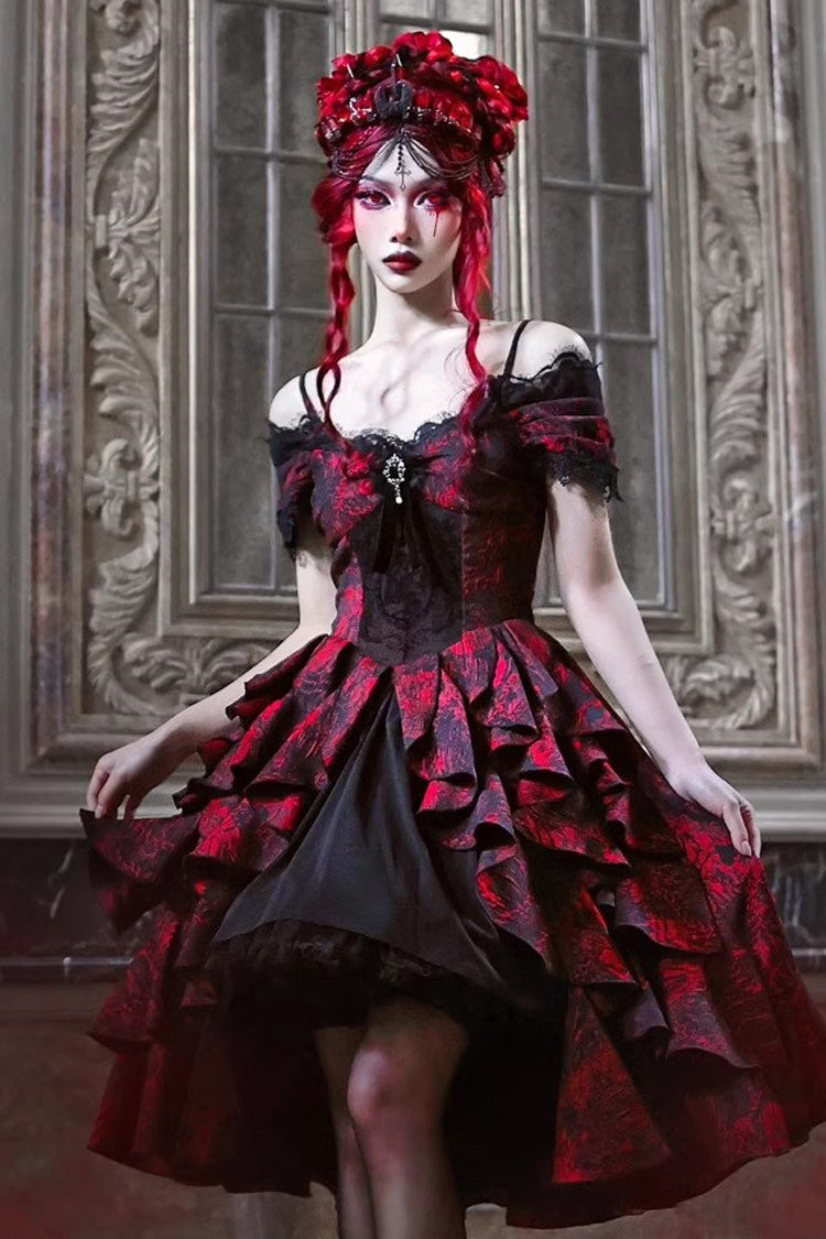 Black/Red Feast in Hades Short Sleeves Print Ruffle Cardigan Gothic Lolita Dress - Product - 2