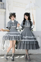 Grey [Letters and Poems · Old Memories] Stand Collar Long Sleeves Double-Layered Ruffled Bow Classic Elegant Lolita Dress 2 Versions - Grey(Short-Version) - 1