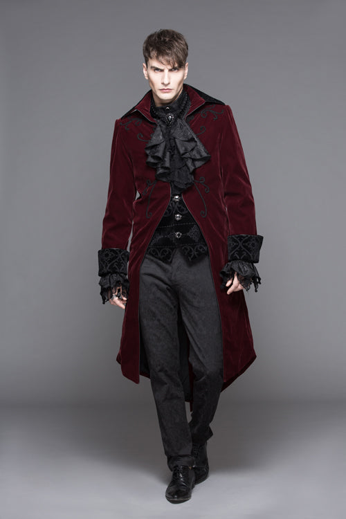 Red Party Fake Two Pieces Velvet Mens Gothic Long Coat - Product - 3