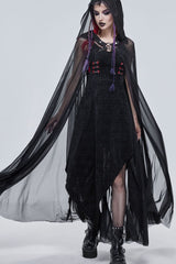 Black Punk Cross Leather Straps On Chest Design Metal Five-Pointed Star Decoration Long Hooded Women's Cape - Product - 4