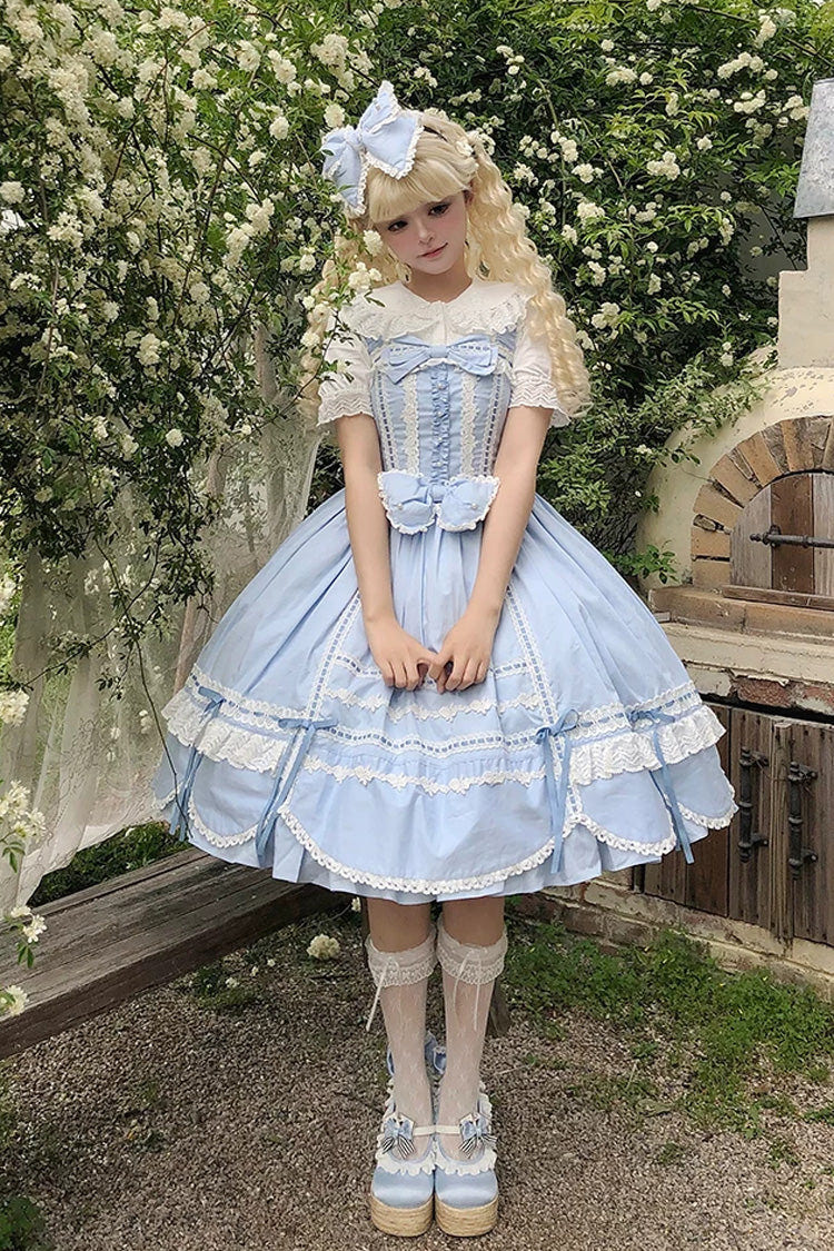 Blue [Petal Bunny] Cotton Sleeveless Ruffled Bow Lace Sweet Elegant Lolita Jsk Dress - Product - 7