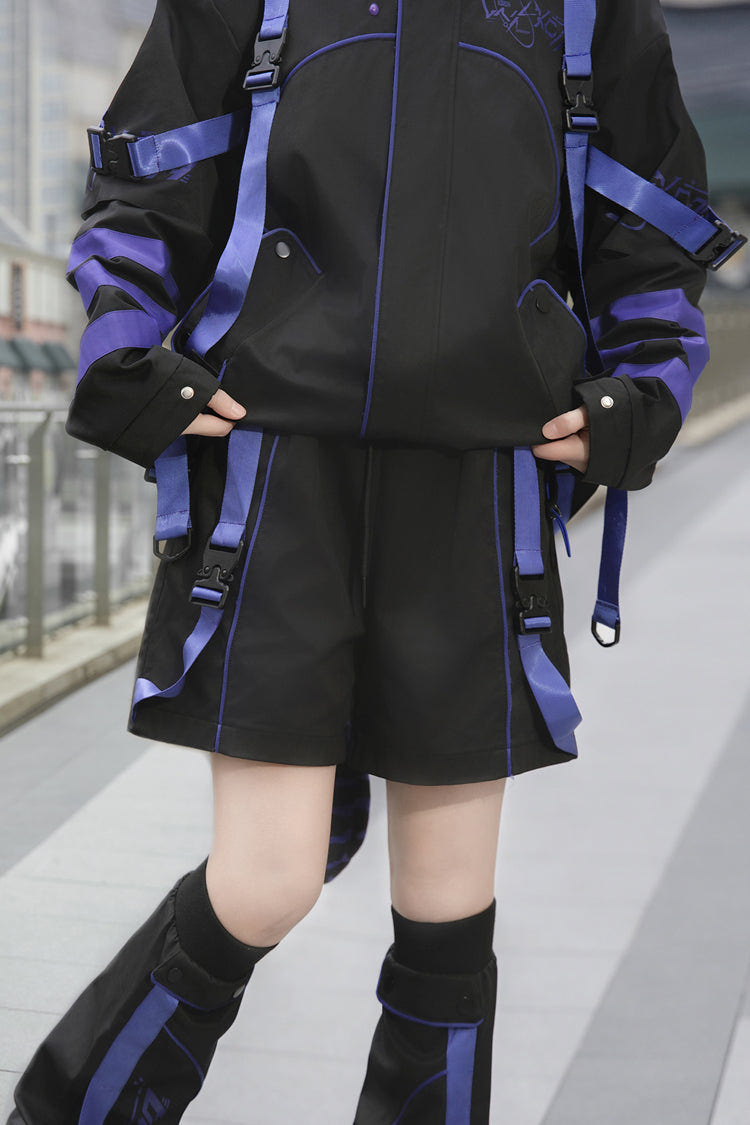 Blue/Black Long Sleeves Print Cat Ears Hooded Jirai Kei Handsome Coat - Product - 12