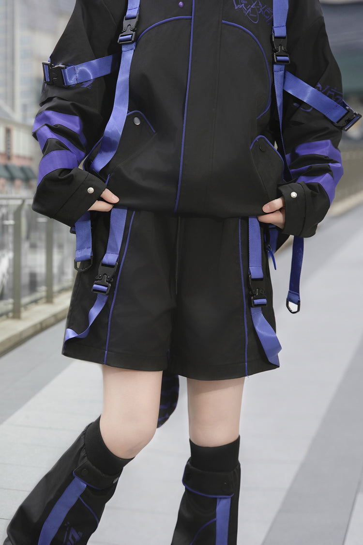 Blue/Black Long Sleeves Print Cat Ears Hooded Jirai Kei Handsome Coat - Product - 12