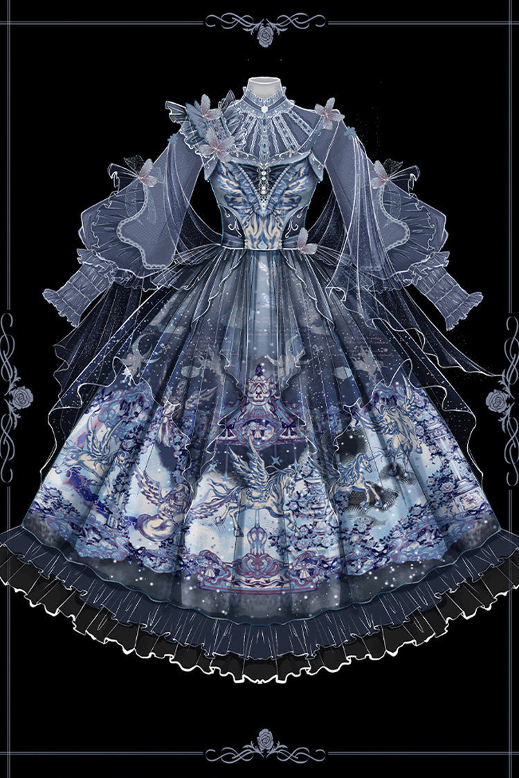 Blue [Angel Garden] Print Ruffle Bowknot Asymmetric Classic Elegant Lolita Jsk Dress - Product - 3