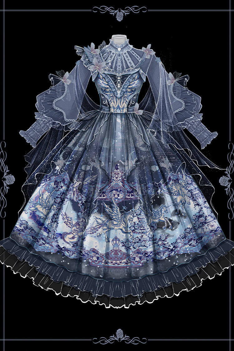 Blue [Angel Garden] Print Ruffle Bowknot Asymmetric Classic Elegant Lolita Jsk Dress - Product - 3