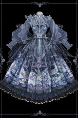Blue [Angel Garden] Print Ruffle Bowknot Asymmetric Classic Elegant Lolita Jsk Dress - Product - 3