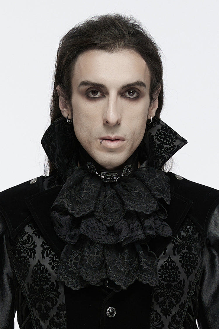 Black Multi-Layered Lace Mesh Men's Gothic Neckwear - Black - 1