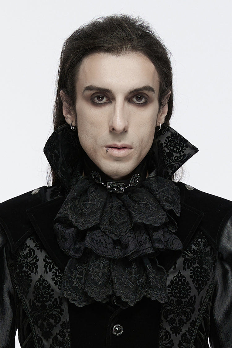 Black Multi-Layered Lace Mesh Men's Gothic Neckwear - Black - 1