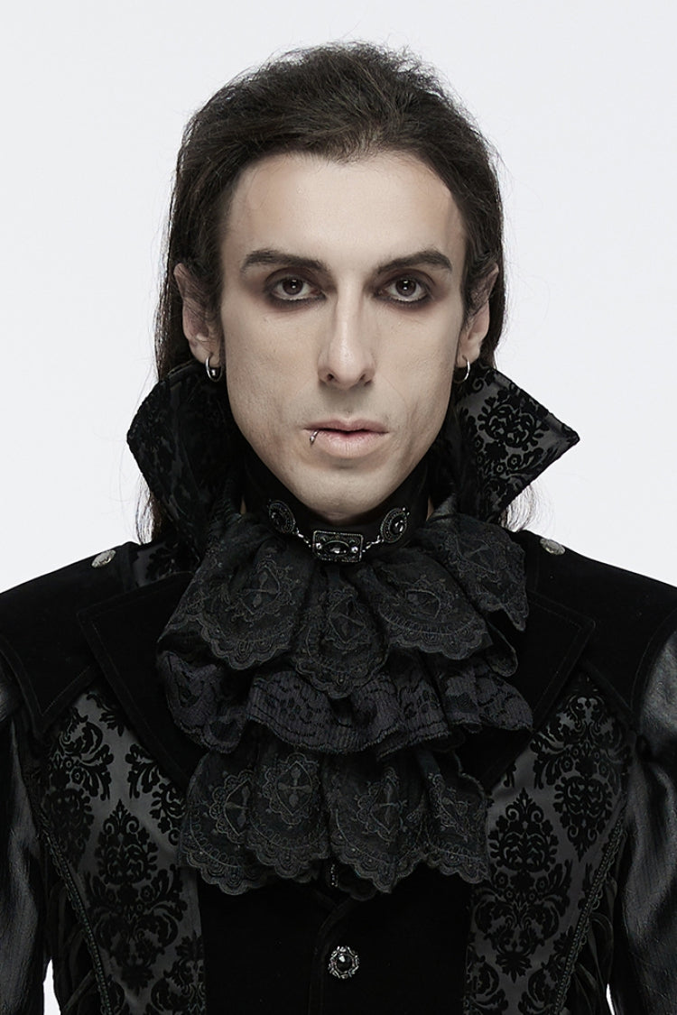 Black Multi-Layered Lace Mesh Men's Gothic Neckwear - Black - 1