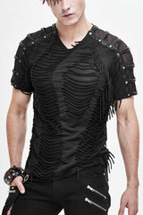 Black Tattered Striped Shoulder Splice Mesh Short Sleeve Men's Punk T-Shirt - Black - 1