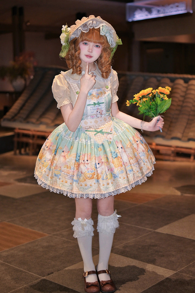 Green [Pineapple Cat] Print Sleeveless Bowknot Lace Sweet Lolita Strap Dress - Product - 4